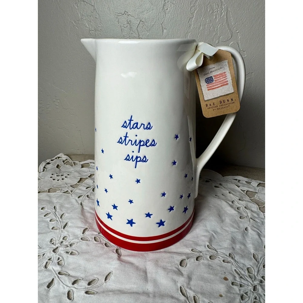 Rae Dunn patriotic pitcher STARS STRIPES SIPS blue stars